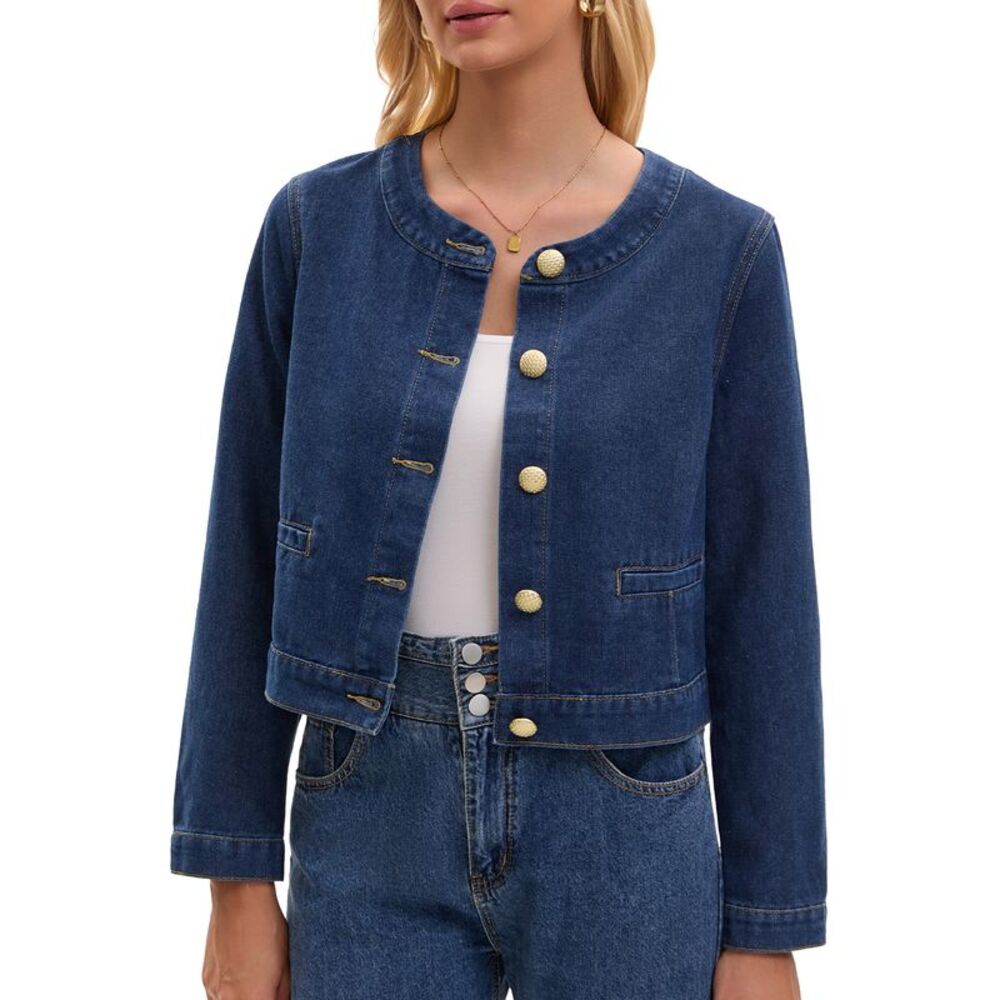 Women's Collarless Denim Jacket Dark Blue